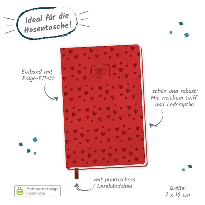 Taschenkalender A7 Soft Touch Herzchen 2027