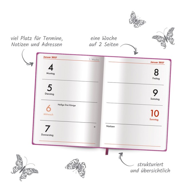 Taschenkalender A7 Soft Touch Schmetterlinge 2027