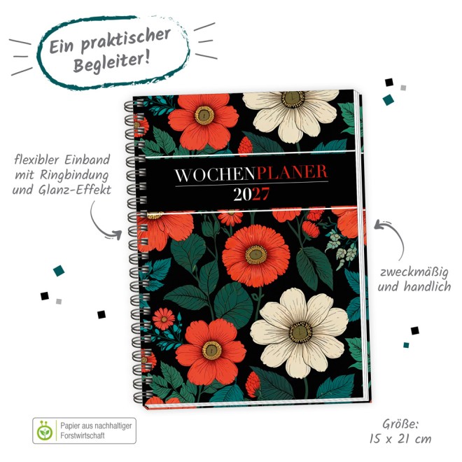 Wochenplaner A5 mit Wire-O Blumen 2027