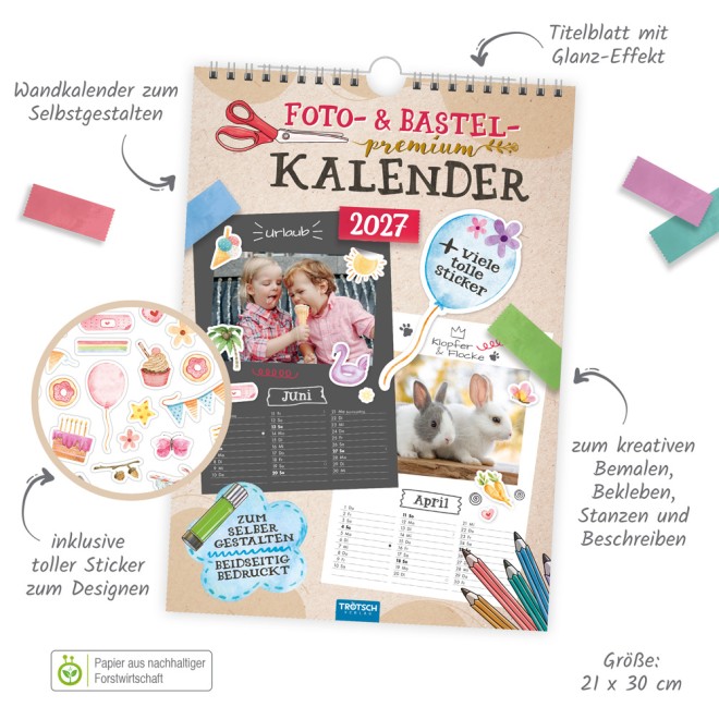 Foto- und Bastelkalender Premium A4 2027 mit vielen Stickern