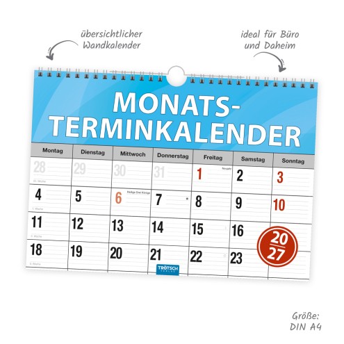 Monatsterminer Monatsterminkalender 2027 mit Wire-O-Bindung