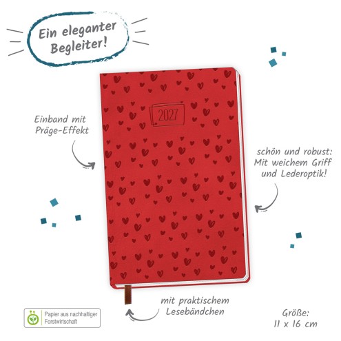 Taschenkalender A6 Soft Touch Herzchen 2027