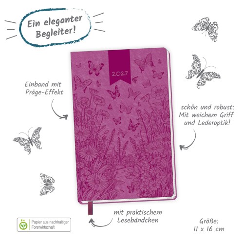 Taschenkalender A6 Soft Touch Schmetterlinge 2027